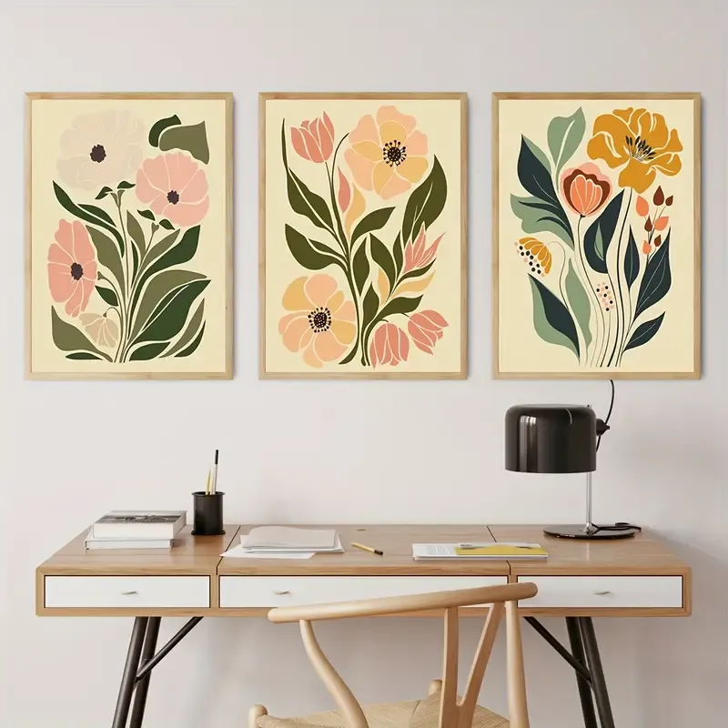 Doğal Ahşap Çerçeveli UV Baskı 3lü Çiçek Desenli Duvar Tablosu Modern & Şık Duvar Dekoru