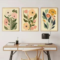 Doğal Ahşap Çerçeveli UV Baskı 3lü Çiçek Desenli Duvar Tablosu Modern & Şık Duvar Dekoru
