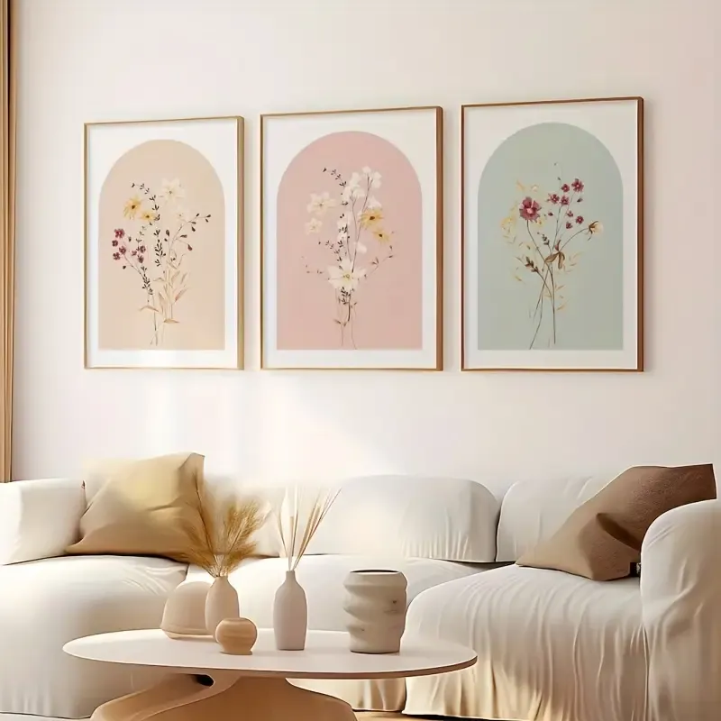 3’lü Çiçek Desenli Doğal Ahşap Çerçeveli Tablo Seti – UV Baskı Modern Duvar Dekoru