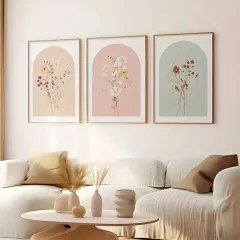 3’lü Çiçek Desenli Doğal Ahşap Çerçeveli Tablo Seti – UV Baskı Modern Duvar Dekoru