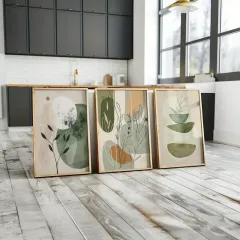 Doğal Ahşap Çerçeveli UV Baskı 3'lü Soyut Desenli Tablo Seti – Modern & Şık Duvar Dekoru