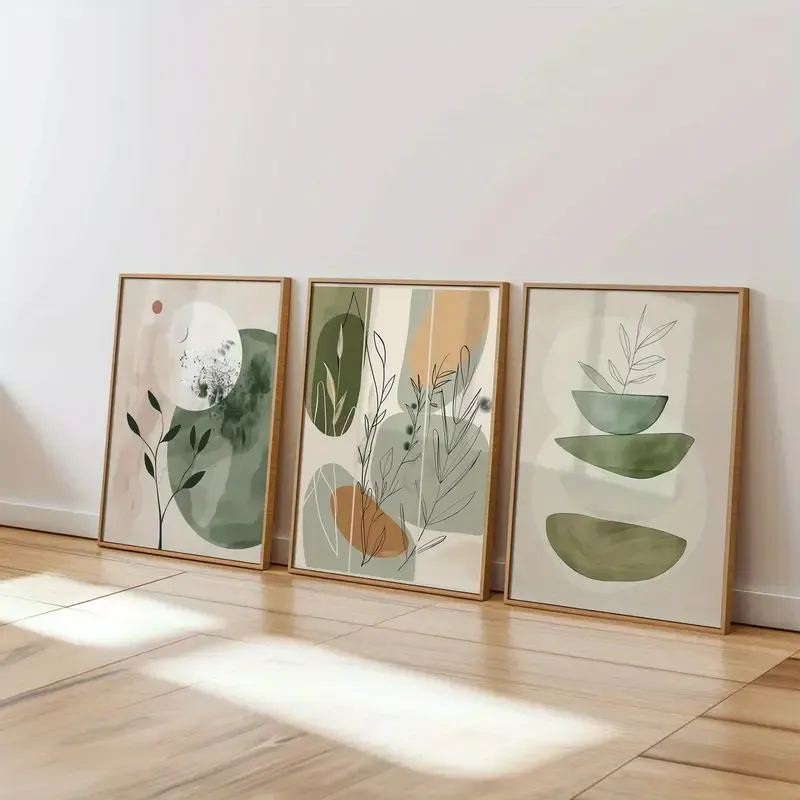 Doğal Ahşap Çerçeveli UV Baskı 3'lü Soyut Desenli Tablo Seti – Modern & Şık Duvar Dekoru