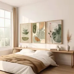 Doğal Ahşap Çerçeveli UV Baskı 3'lü Soyut Desenli Tablo Seti – Modern & Şık Duvar Dekoru