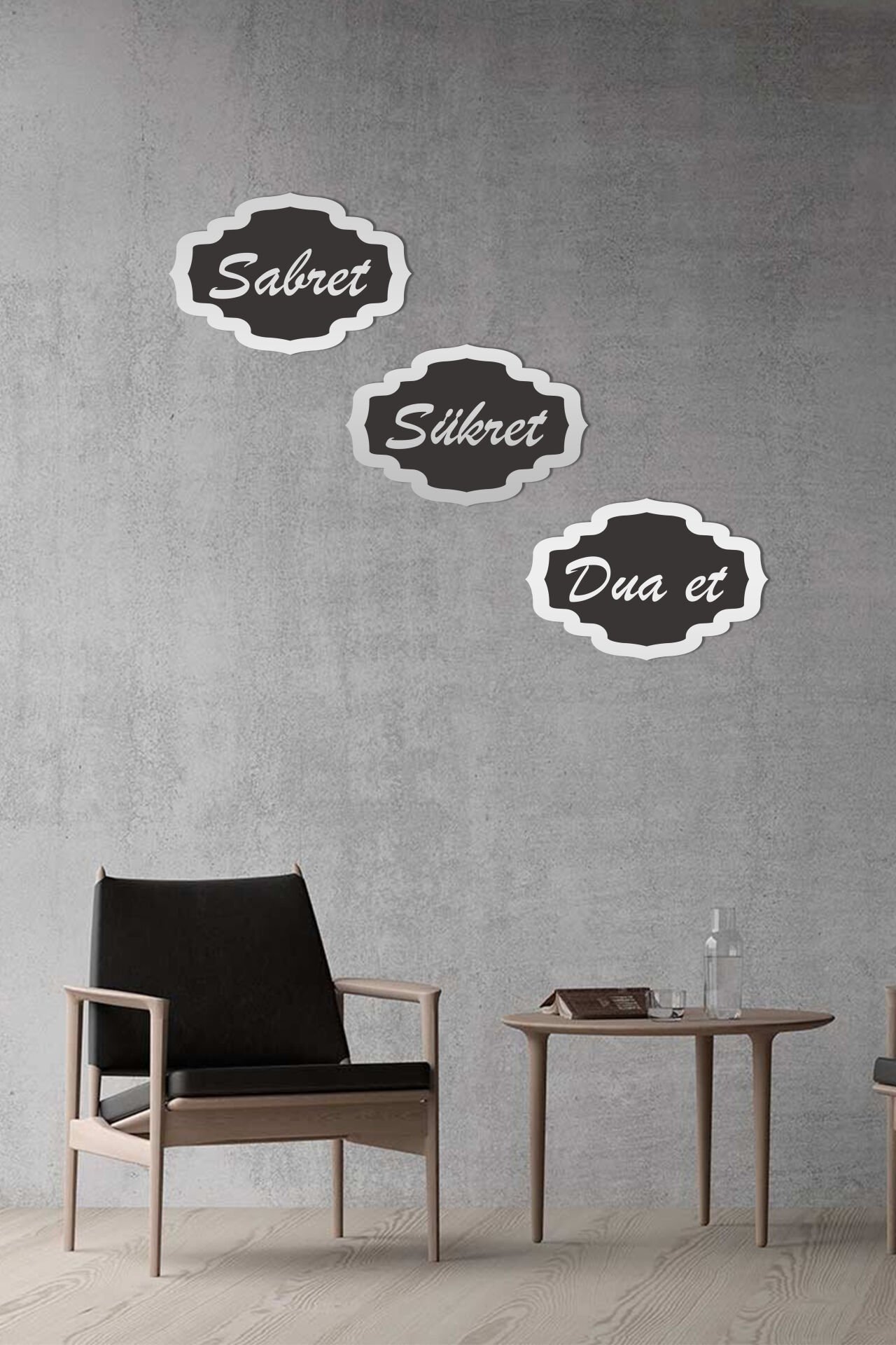 Siyah Ahşap Gümüş Pleksi Sabret Şükret Dua Et Duvar Dekoru Salon Oturma Yatak Odası için 30x20 Tablo