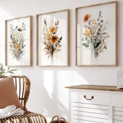 Doğal Ahşap Çerçeveli UV Baskı 3'lü Çiçek Buketi Tablo Seti – Modern & Şık Duvar Dekoru