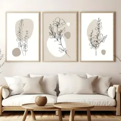 Doğal Ahşap Çerçeveli UV Baskı 3'lü Soyut Çiçek Desenli Tablo Seti – Modern & Şık Duvar Dekoru