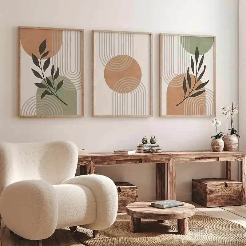 Doğal Ahşap Çerçeveli UV Baskı 3'lü Soyut Desenli Tablo Seti – Modern & Şık Duvar Dekoru