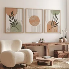 Doğal Ahşap Çerçeveli UV Baskı 3'lü Soyut Desenli Tablo Seti – Modern & Şık Duvar Dekoru