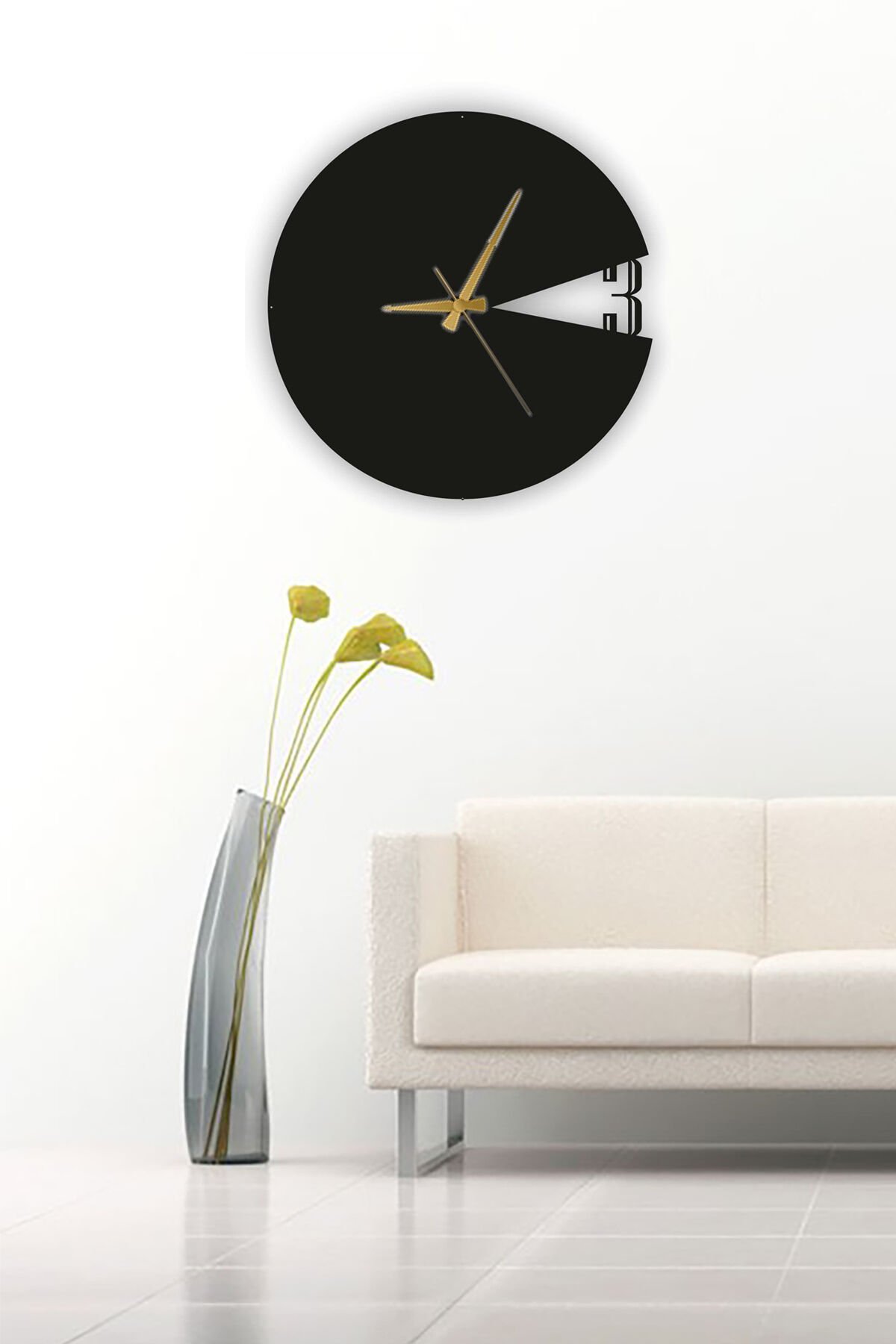 Siyah Ahşap Yuvarlak Pacman Saat Duvar Dekoru - Salon Oturma Odası Ofis Mutfak için 50cm Mdf Saat
