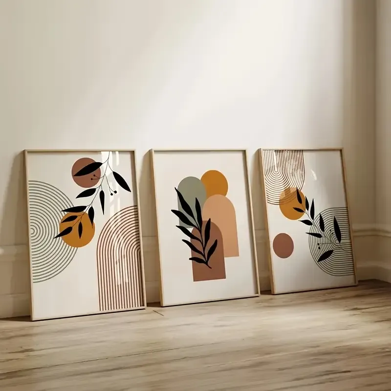 Doğal Ahşap Çerçeveli UV Baskı 3'lü Soyut Desenli Tablo Seti – Modern & Şık Duvar Dekoru