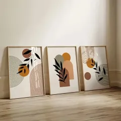 Doğal Ahşap Çerçeveli UV Baskı 3'lü Soyut Desenli Tablo Seti – Modern & Şık Duvar Dekoru