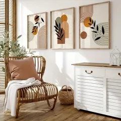 Doğal Ahşap Çerçeveli UV Baskı 3'lü Soyut Desenli Tablo Seti – Modern & Şık Duvar Dekoru