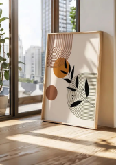 Doğal Ahşap Çerçeveli UV Baskı 3'lü Soyut Desenli Tablo Seti – Modern & Şık Duvar Dekoru