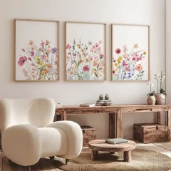 Doğal Ahşap Çerçeveli UV Baskı 3'lü Renkli Çiçek Desenli Tablo Seti – Modern & Şık Duvar Dekoru