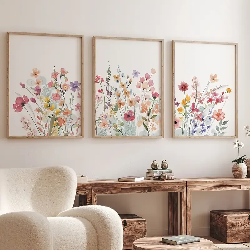 Doğal Ahşap Çerçeveli UV Baskı 3'lü Renkli Çiçek Desenli Tablo Seti – Modern & Şık Duvar Dekoru