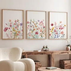 Doğal Ahşap Çerçeveli UV Baskı 3'lü Renkli Çiçek Desenli Tablo Seti – Modern & Şık Duvar Dekoru