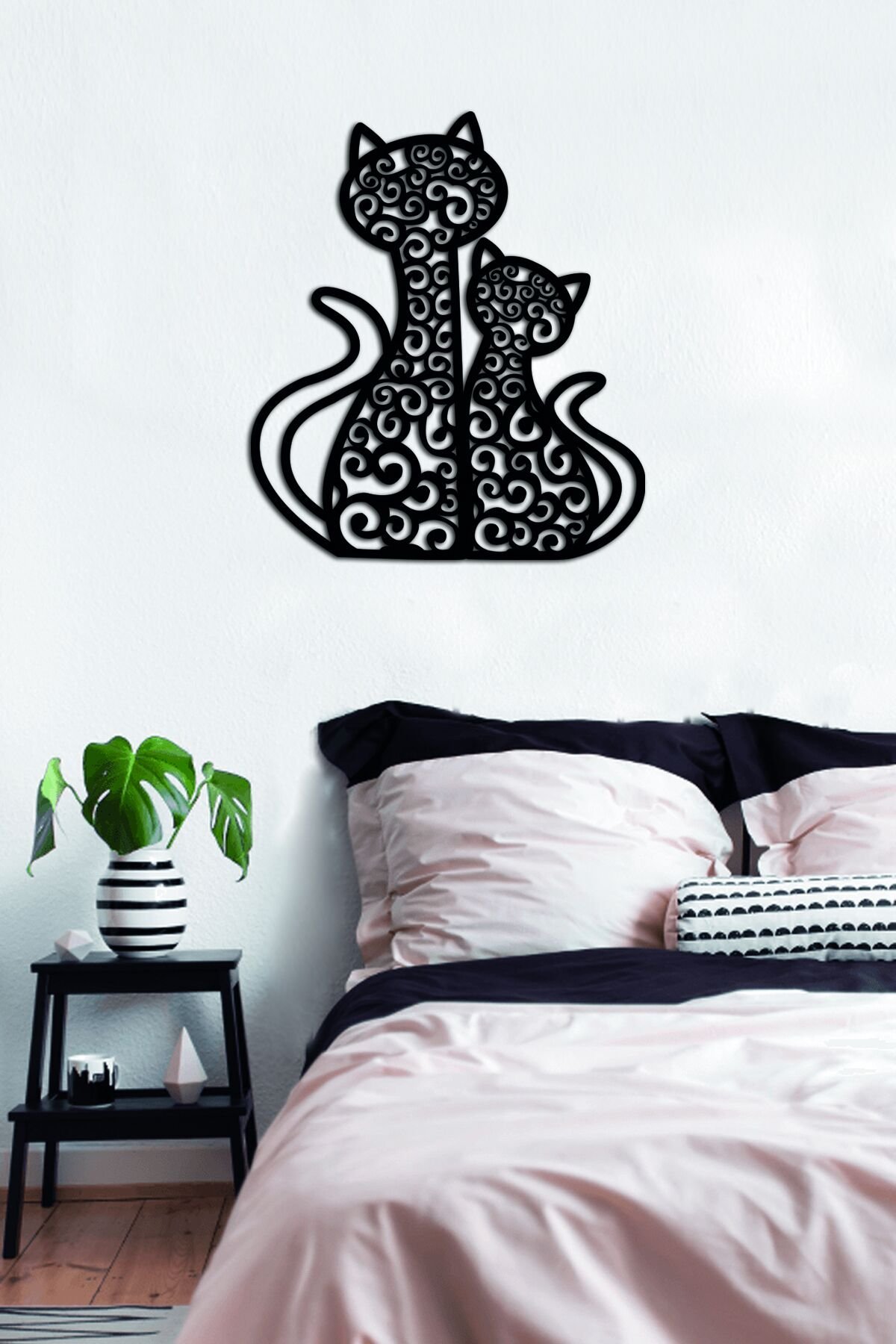 Siyah Ahşap Sevimli Kediler Duvar Dekoru Salon Oturma Yatak Odası Ofis için 40x45 Mdf Tablo