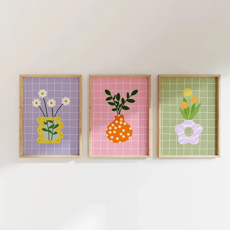 Doğal Ahşap Çerçeveli UV Baskı 3'lü Minimalist Çiçek Desenli Tablo Seti – Modern & Şık Duvar Dekoru