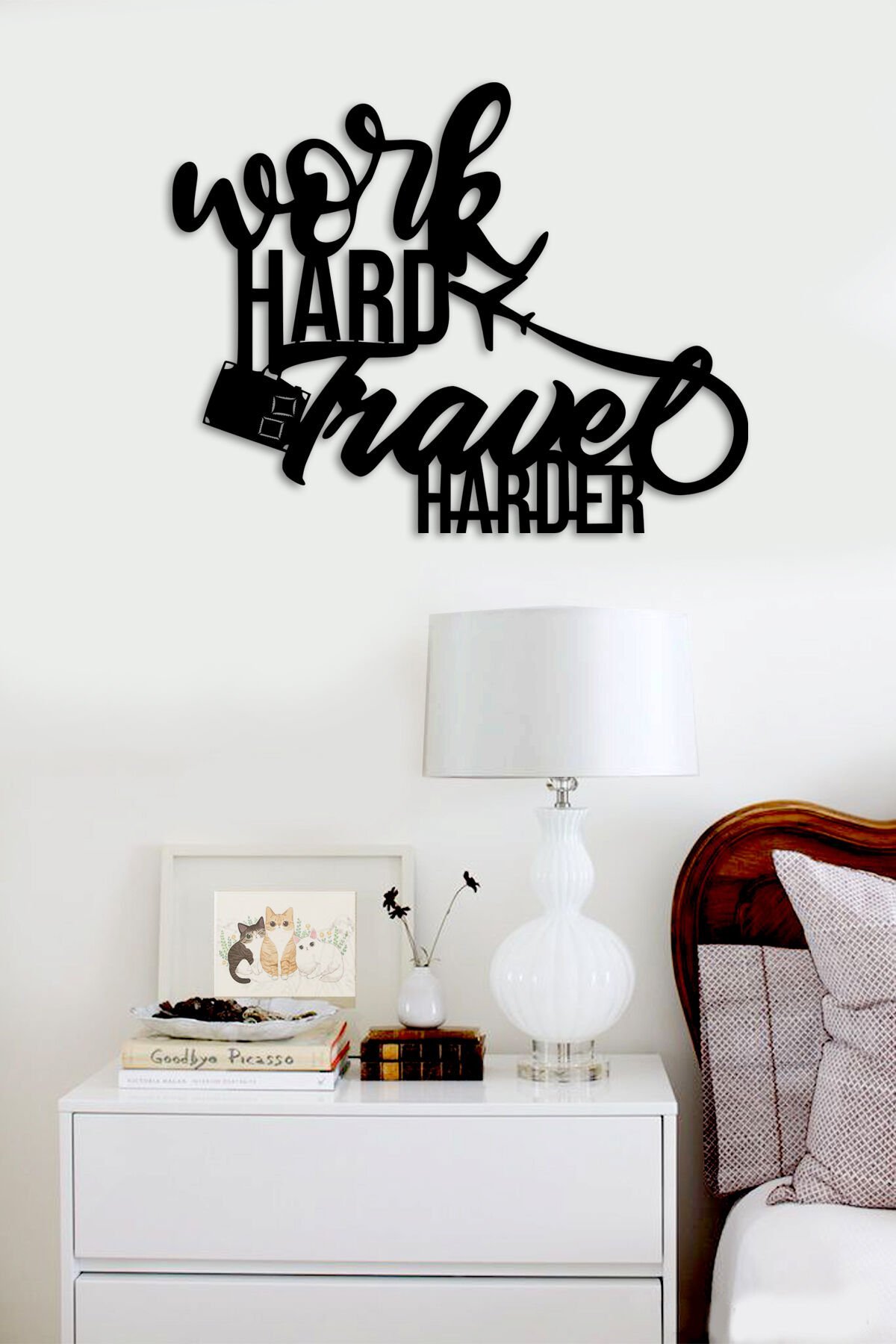 Siyah Ahşap Work Hard Travel Harder Duvar Dekoru Tablo