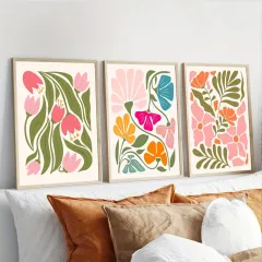 Doğal Ahşap Çerçeveli UV Baskı 3'lü Renkli Soyut Desenli Tablo Seti – Modern & Şık Duvar Dekoru