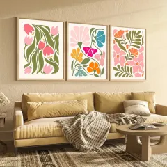 Doğal Ahşap Çerçeveli UV Baskı 3'lü Renkli Soyut Desenli Tablo Seti – Modern & Şık Duvar Dekoru