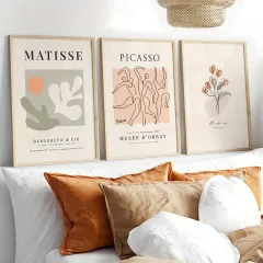 Doğal Ahşap Çerçeveli UV Baskı 3'lü Matisse ve Picasso Tablo Seti – Modern & Şık Duvar Dekoru