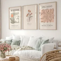 Doğal Ahşap Çerçeveli UV Baskı 3'lü Matisse ve Picasso Tablo Seti – Modern & Şık Duvar Dekoru