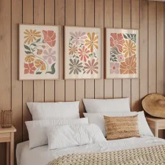 Doğal Ahşap Çerçeveli UV Baskı 3'lü Renkli Soyut Desenli Tablo Seti – Modern & Şık Duvar Dekoru