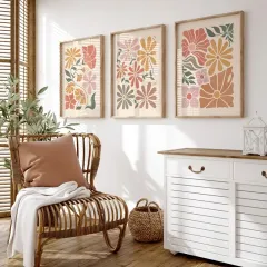 Doğal Ahşap Çerçeveli UV Baskı 3'lü Renkli Soyut Desenli Tablo Seti – Modern & Şık Duvar Dekoru