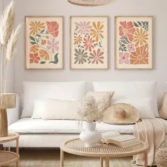 Doğal Ahşap Çerçeveli UV Baskı 3'lü Renkli Soyut Desenli Tablo Seti – Modern & Şık Duvar Dekoru