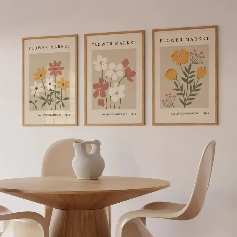 Doğal Ahşap Çerçeveli UV Baskı 3'lü Çiçek Desenli Tablo Seti – Modern & Şık Duvar Dekoru