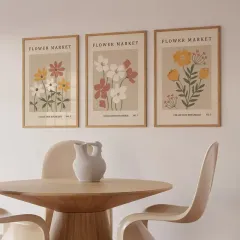Doğal Ahşap Çerçeveli UV Baskı 3'lü Çiçek Desenli Tablo Seti – Modern & Şık Duvar Dekoru