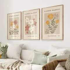 Doğal Ahşap Çerçeveli UV Baskı 3'lü Çiçek Desenli Tablo Seti – Modern & Şık Duvar Dekoru