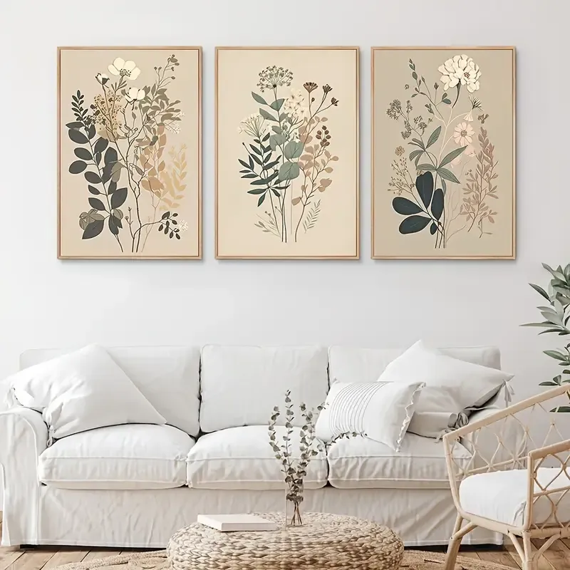 Doğal Ahşap Çerçeveli UV Baskı 3'lü Soyut Çiçek Desenli Tablo Seti – Modern & Şık Duvar Dekoru