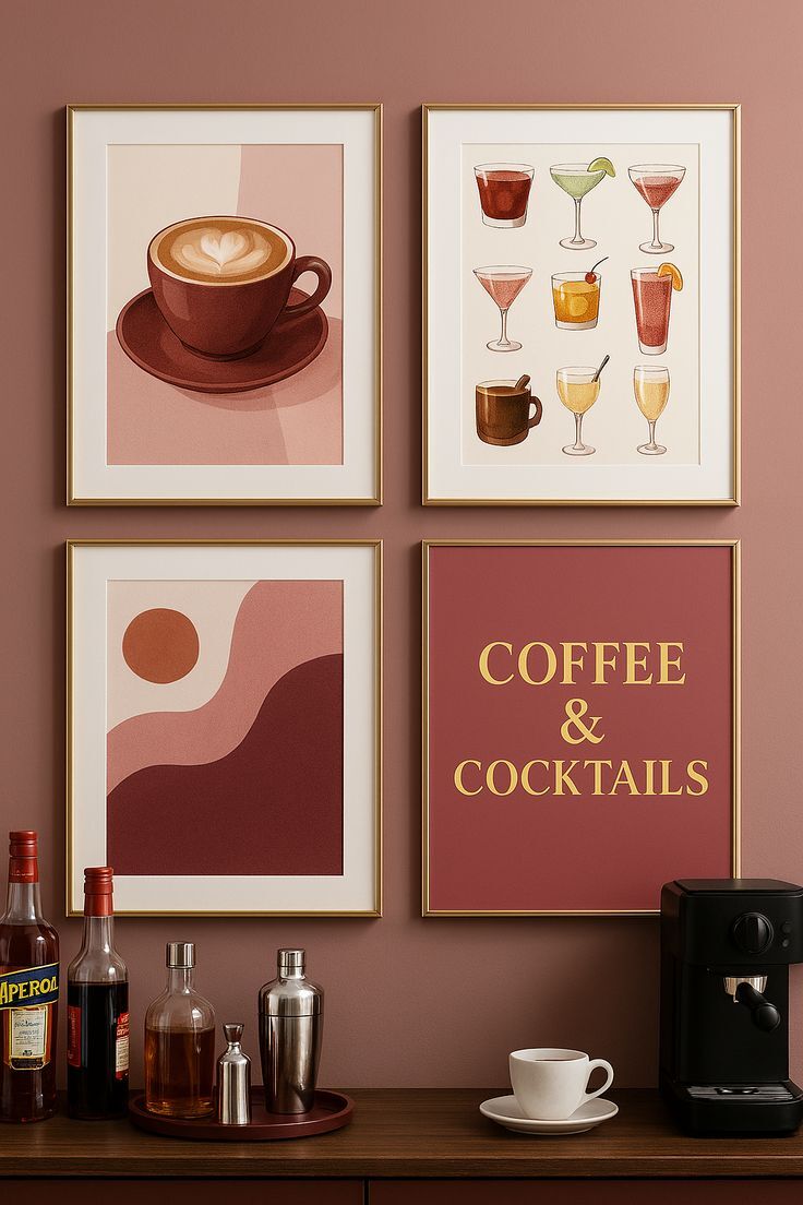 Doğal Ahşap Çerçeveli UV Baskı 4'lü Coffee Cocktails Tablo Seti – Modern & Şık Duvar Dekoru