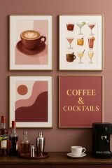 Doğal Ahşap Çerçeveli UV Baskı 4'lü Coffee Cocktails Tablo Seti – Modern & Şık Duvar Dekoru
