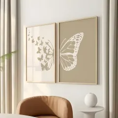 Doğal Ahşap Çerçeveli UV Baskı 2'li Soyut Kelebek Desenli Tablo Seti – Modern & Şık Duvar Dekoru