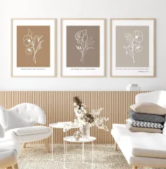 Doğal Ahşap Çerçeveli UV Baskı 3'lü Soyut Çiçek Desenli Tablo Seti – Modern & Şık Duvar Dekoru