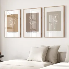 Doğal Ahşap Çerçeveli UV Baskı 3'lü Soyut Çiçek Desenli Tablo Seti – Modern & Şık Duvar Dekoru