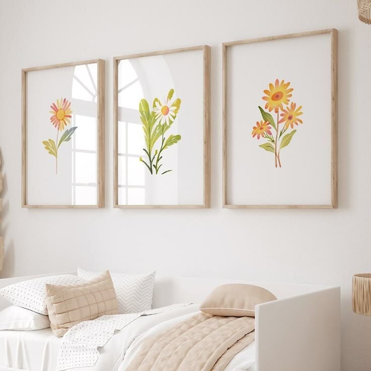 Doğal Ahşap Çerçeveli UV Baskı 3'lü Minimalist Çiçek Desenli Tablo Seti – Modern & Şık Duvar Dekoru