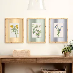 Doğal Ahşap Çerçeveli UV Baskı 3'lü Renkli Çizgili Çiçek Desenli Tablo Seti Modern Şık Duvar Dekoru