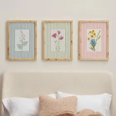 Doğal Ahşap Çerçeveli UV Baskı 3'lü Renkli Çizgili Çiçek Desenli Tablo Seti Modern Şık Duvar Dekoru