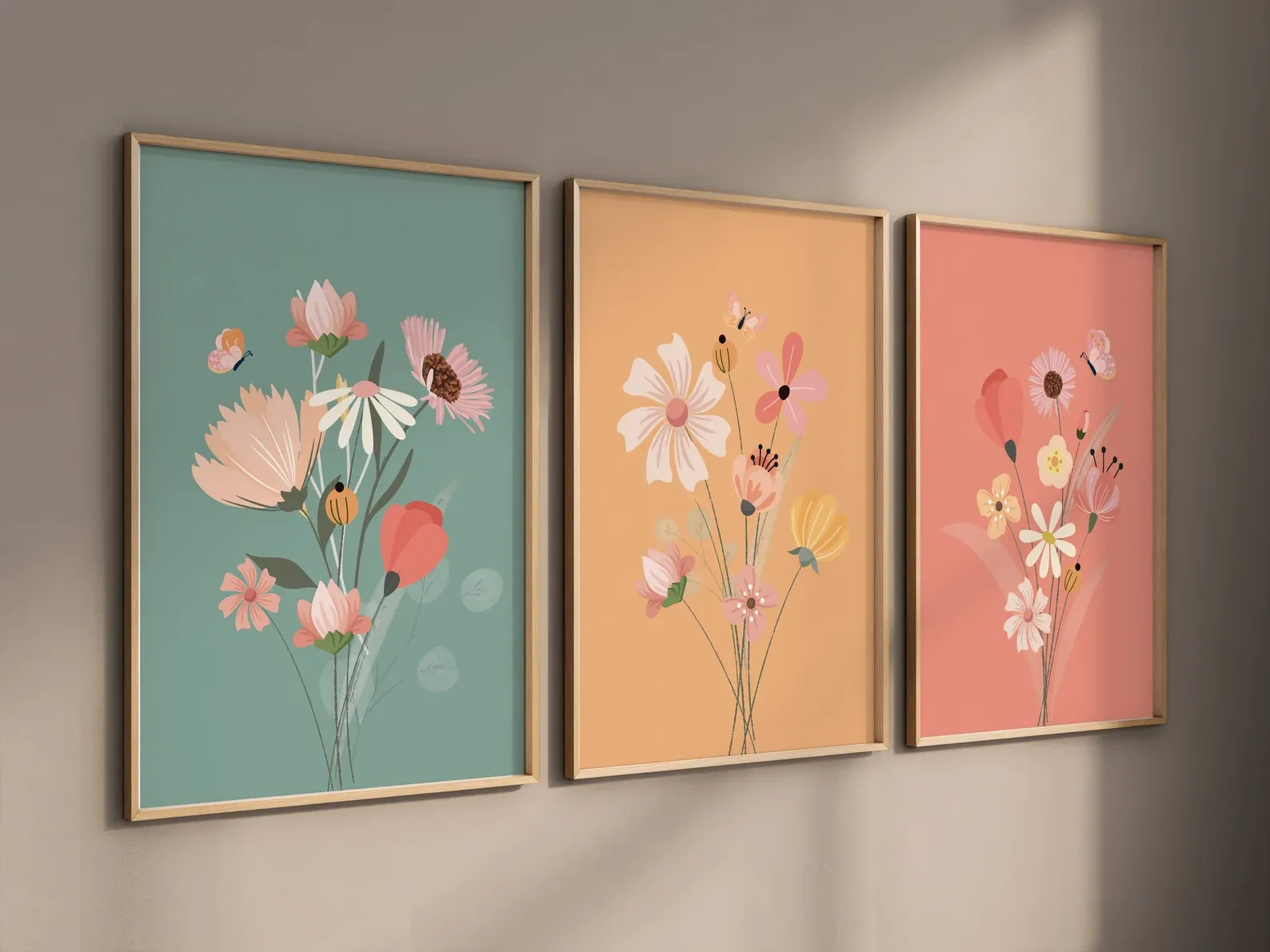 Doğal Ahşap Çerçeveli UV Baskı 3'lü Renkli Çiçek Buketleri Tablo Seti – Modern & Şık Duvar Dekoru