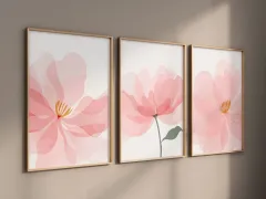 Doğal Ahşap Çerçeveli UV Baskı 3'lü Pembe Çiçek Desenli Tablo Seti – Modern & Şık Duvar Dekoru