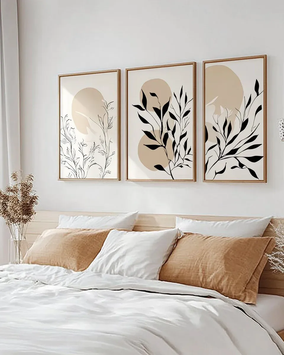 Doğal Ahşap Çerçeveli UV Baskı 3'lü Soyut Yaprak Desenli Tablo Seti – Modern & Şık Duvar Dekoru