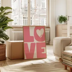 Doğal Ahşap Çerçeveli UV Baskı Pembe Love Yazılı Tablo Seti – Modern & Şık Duvar Dekoru