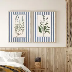 Doğal Ahşap Çerçeveli UV Baskı 2'li Mavi Çizgili Çiçek Desenli Tablo Seti Modern & Şık Duvar Dekoru