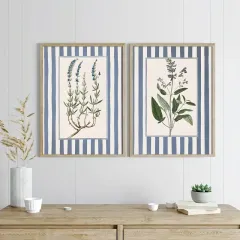 Doğal Ahşap Çerçeveli UV Baskı 2'li Mavi Çizgili Çiçek Desenli Tablo Seti Modern & Şık Duvar Dekoru
