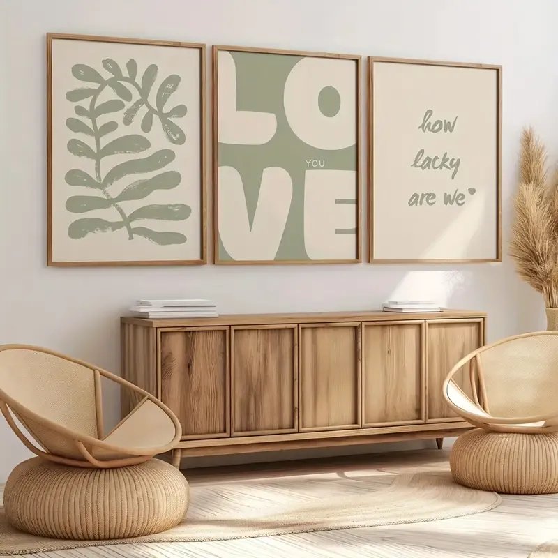 Doğal Ahşap Çerçeveli UV Baskı 3'lü Love You Yazılı Tablo Seti – Modern & Şık Duvar Dekoru