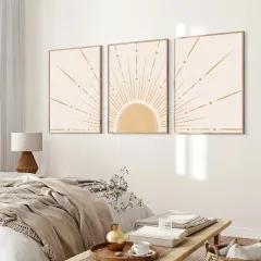 Doğal Ahşap Çerçeveli UV Baskı 3'lü Soyut Güneş Desenli Tablo Seti – Modern & Şık Duvar Dekoru